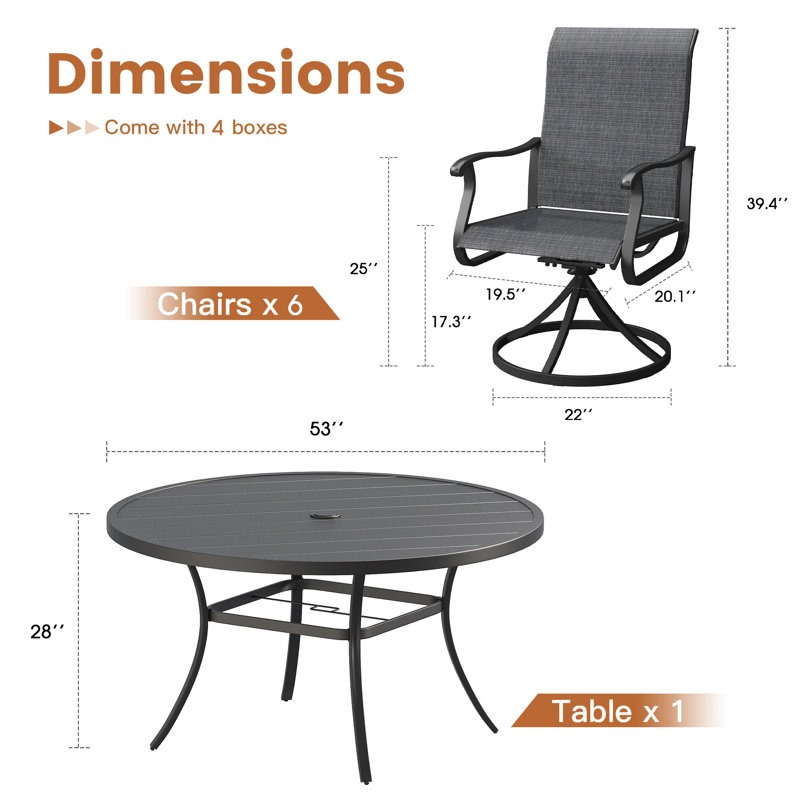 Baileyville 6-Person Patio Dining Set with 53" Round Patio Dining Table and 6 Swivel PVC-coated polyester Dining Chairs
