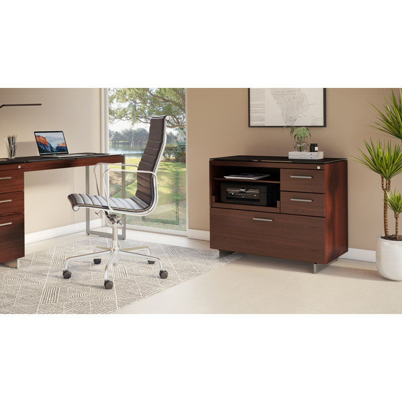 Sequel 20 3 - Drawer Filing Credenza, Chocolate Stained Walnut/Satin Nickel
