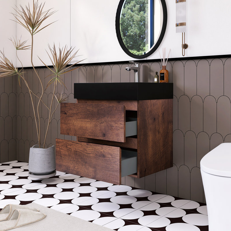 Meuble-lavabo simple 24 po avec plateau Kansiray, Brun, Noir mat