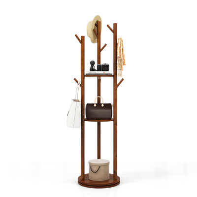 Portemanteau autoportant en bois avec 3 tablettes de rangement et 9 crochets