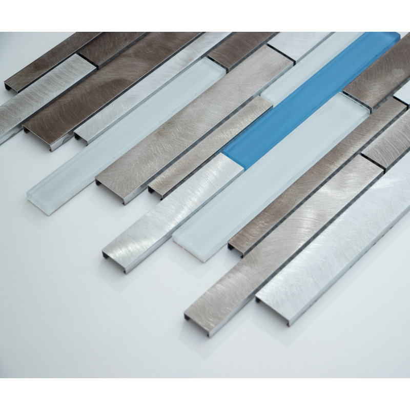 Twilight Random Sized Straight Edge Metal and Glass Mosaic Tile, Sky Blue/White