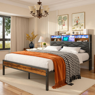 Queen Size Bed Frame with Charging Station and LED Lights, Platform Bed with Storage Headboard, Storage Bed