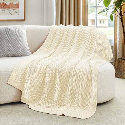 Soft Knitted Throw Blanket Cozy Lightweight Decorative Blanket for Sofa and Bed, Cream