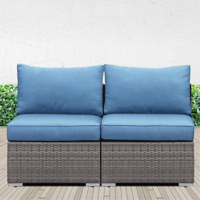 59.8"Width Outdoor Wicker Armless Sofa Set, 2-Piece Patio Loveseat Set With Blue Cushions