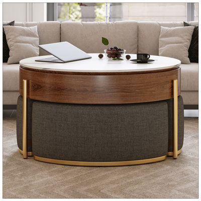 Table basse à plateau relevable moderne avec rangement caché, placage et plateau en pierre frittée, 3 repose-pieds gigognes rembourrés, conception peu encombrante, entièrement assemblée