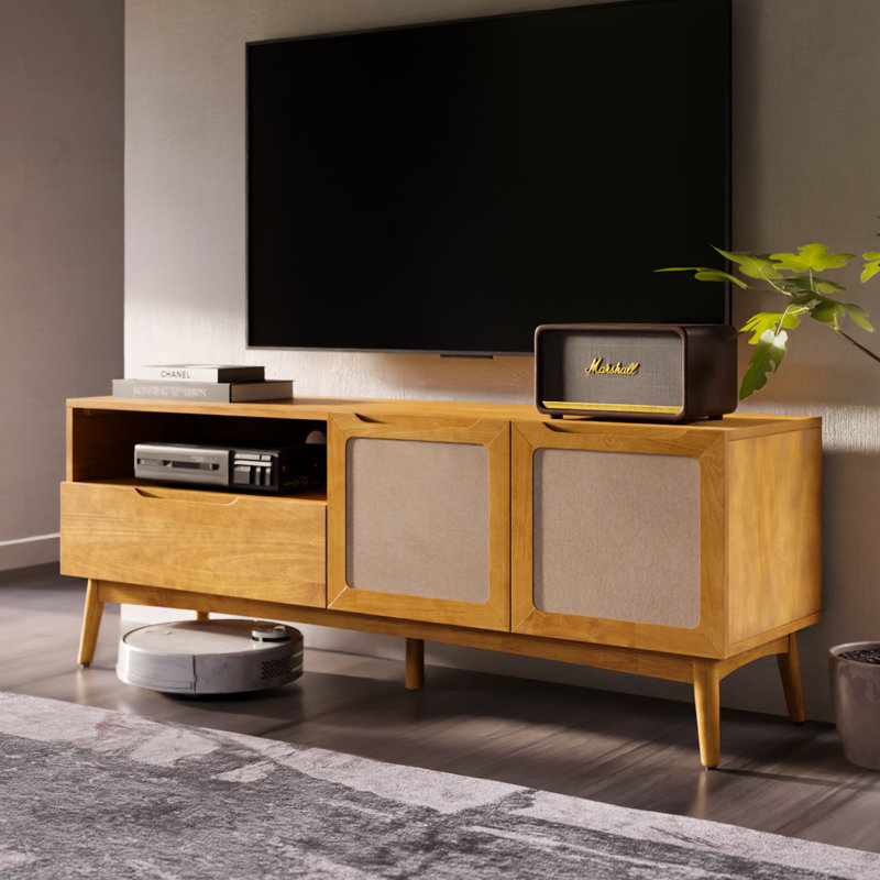 Calista TV Stand with Open Shelf & Dual Fabric-Front Doors, Teak Brown
