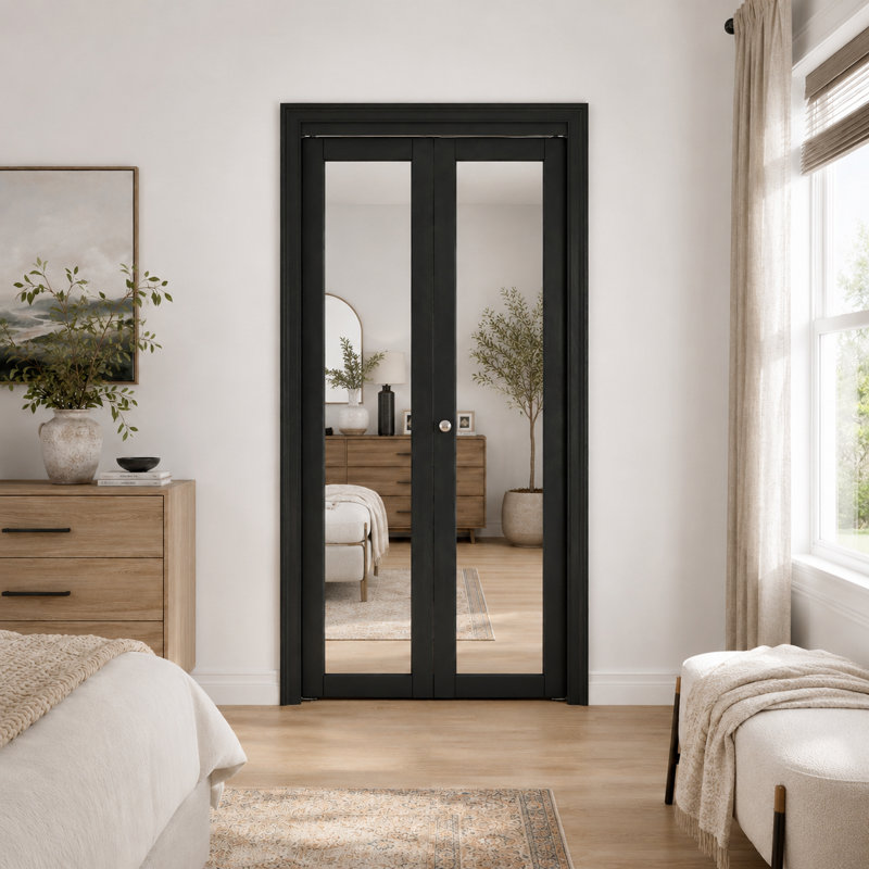 Porte pliante en miroir 24 "x 80" noir avec ensemble de quincaillerie d'installation, 24" x 80", Mirrored