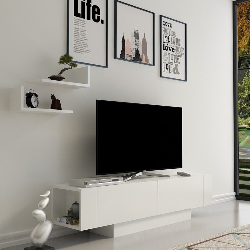 Meuble télé moderne blanc avec tablettes murales (2 pièces), 59,1 po x 16,4 po x 12,4 po | 100% panneau de particules enduit de mélamine, épaisseur: 0,7 pouce | Plusieurs tablettes, solution de rangement murale et élégante pour le salon