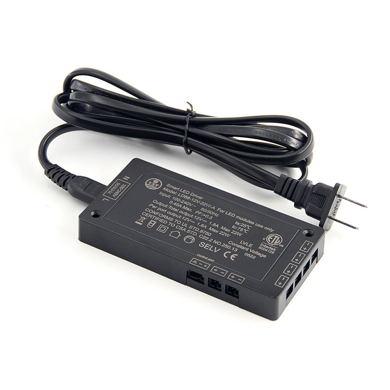 LED Electronic Transformer  Black Led Driver With 6 JST ports and Plug in, 22W