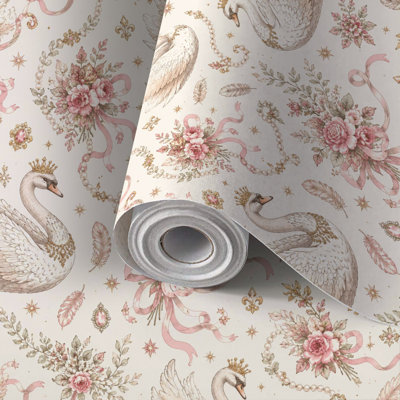 Peler et coller le papier de contact avec papier et fleurs de cygne élégantes, couronnes, perles, pastel, adhésif et amovible 17,7 po x 118 po