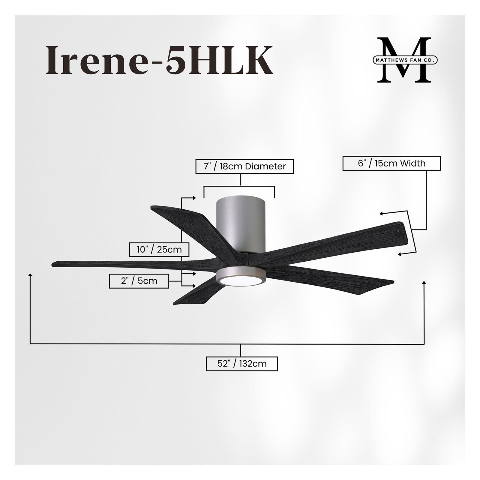 Irene 5 - Blade LED Ceiling Fan with Light Kit Included, Brushed Nickel, Matte Black, 52"