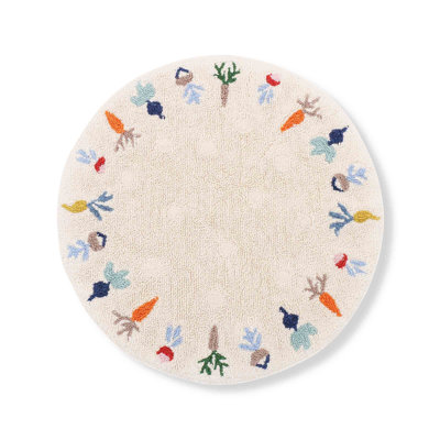 Tapis rond lavable à la machine en laine beige / orange / bleu