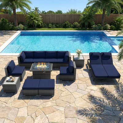 Deep Seating Outdoor Conversation Sectional Furniture Set With Fire Pit And Double Chaise Lounge