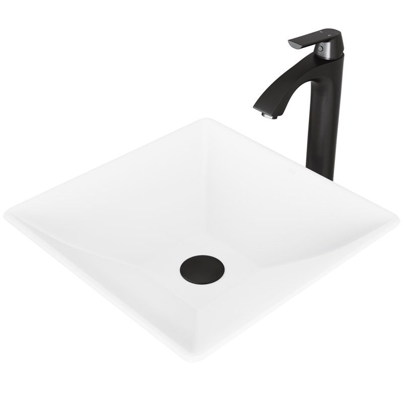 Hibiscus 16" L x 16" W x 5" H Square White Matte Stone™ Vessel Bathroom Sink with 12" H Faucet, Matte Black