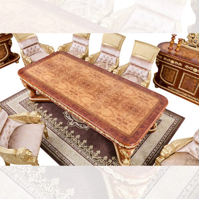 Cherry and Metallic Gold Hand Carved Dining Table with Inlay Top