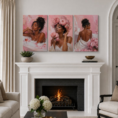 «Pink Floral Bath Woman», art de la salle de bain, impression sur toile encadrée, 3 pièces