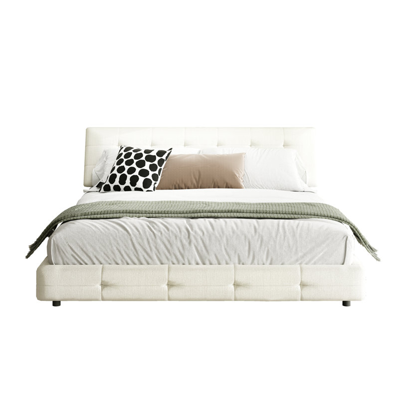 Lit plateforme en chenille avec support double en lattes de métal et de bois, Beige / Blanc, Très grand