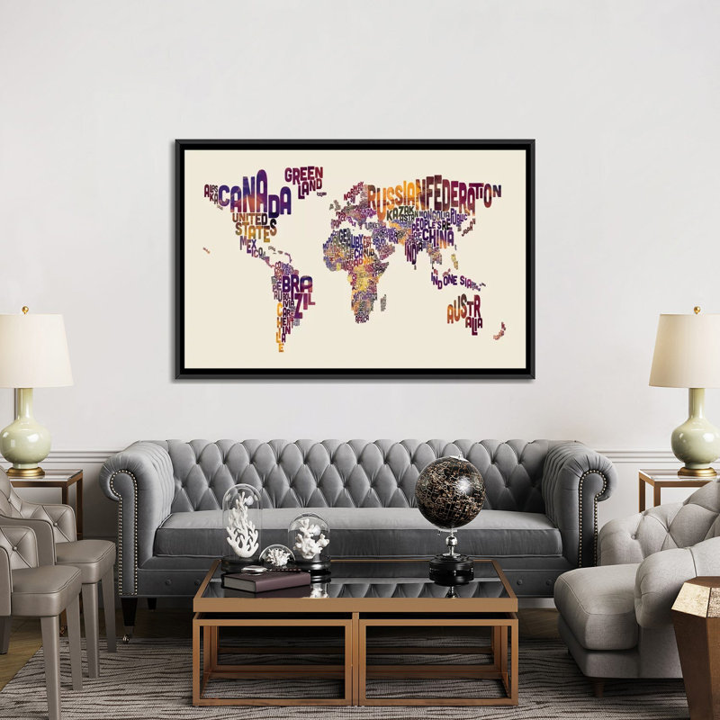 Série de carte du monde : typographie i, impression sur toile tendue, H 40 po x l 60 po x P 1,5 po, Toile avec cadre noir