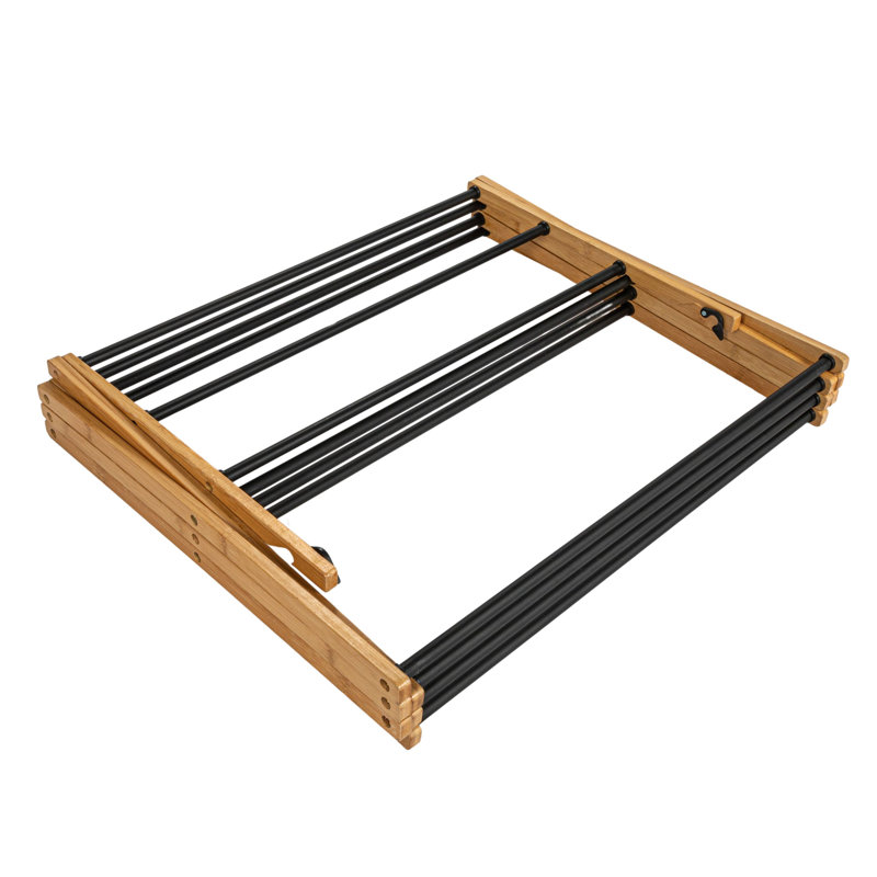 Compact Bamboo and Black Folding Clothes Drying Rack