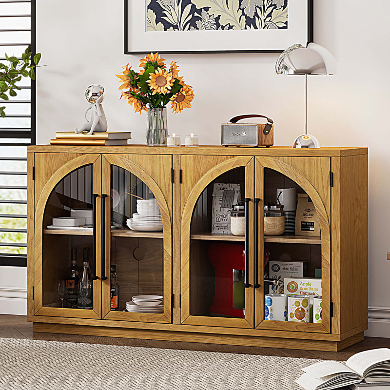 Sideboard,Buffet table,Dining cabinet,Office credenza with arched doors, Natural Wood