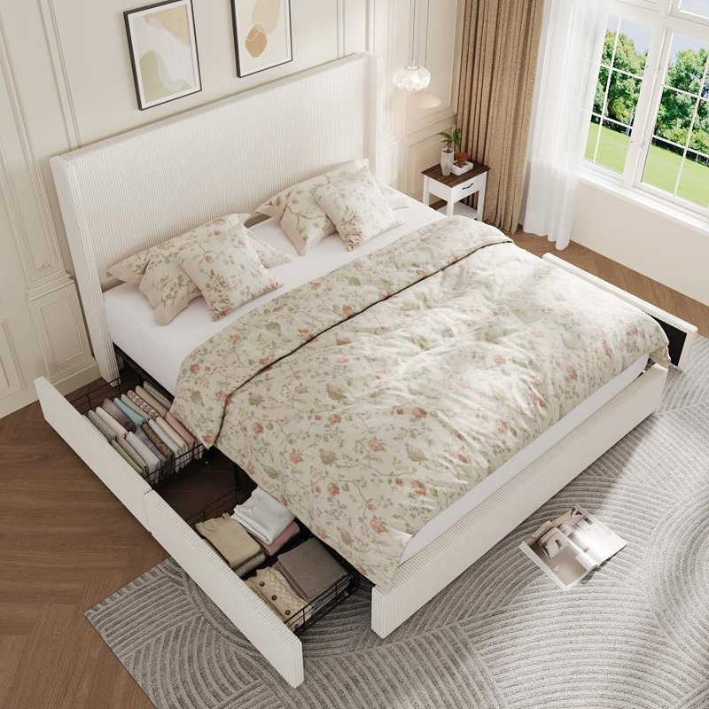 Structure de lit grand / très grand avec tiroirs de rangement, lit plateforme tapissier en velours côtelé avec oreilles et tête de lit capitonnée