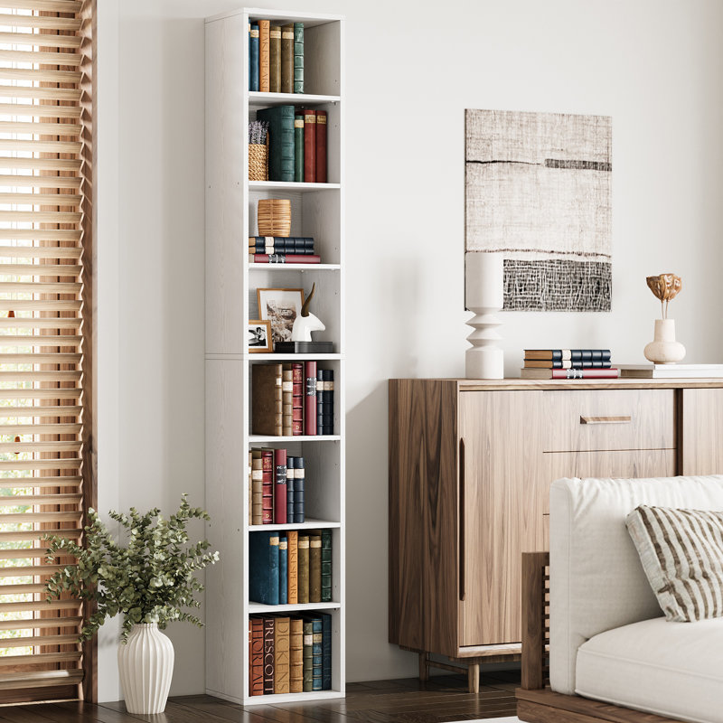 Narrow Design Storage,8-layer Thin High Bookcase With Open Adjustable Shelves,cube Display Rack, White