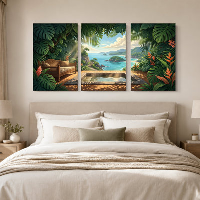Ensemble de 3 toiles tropicales avec vue sur l'océan et Monstera