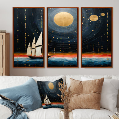 Voilier guidé par Dieu, pleine lune, océan, tranquillité - ensemble d'art mural paysage abstrait