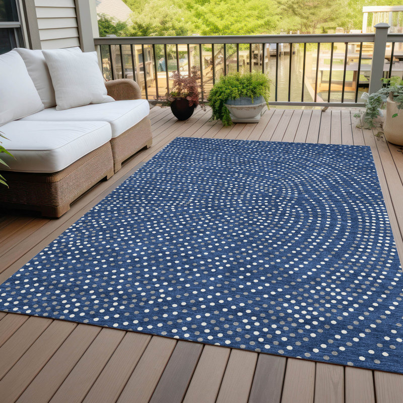Navy and White Synthetic Flat Woven Washable Rug
