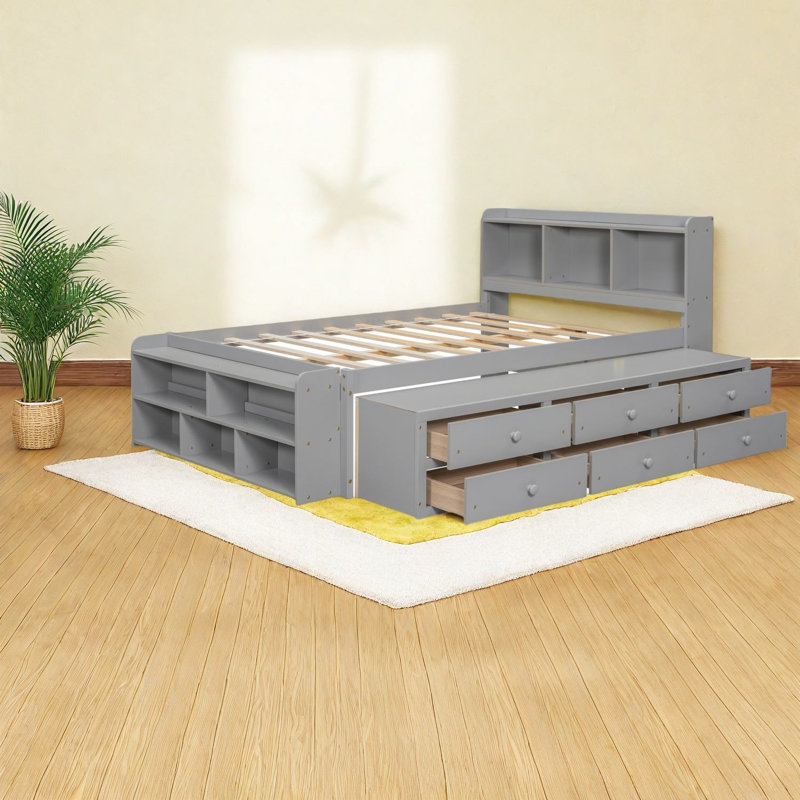 Lit double gris en bois de pin avec rangement et design moderne