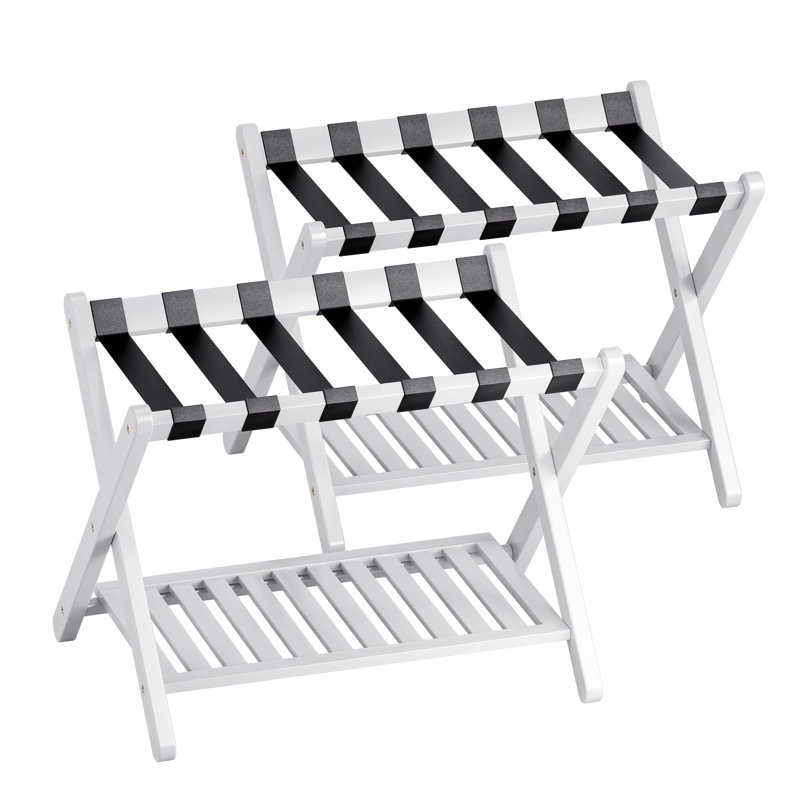 Porte-valises, ensemble de 2, support de valise pliable en bambou avec tablette de rangement pour chambre d'amis, chambre à coucher, hôtel, robuste (blanc)