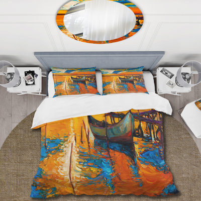 «Boat Pendant Evening Glow At The Lake VII» - Ensemble de housse de couette nautique et côtier - Polyester en microfibre