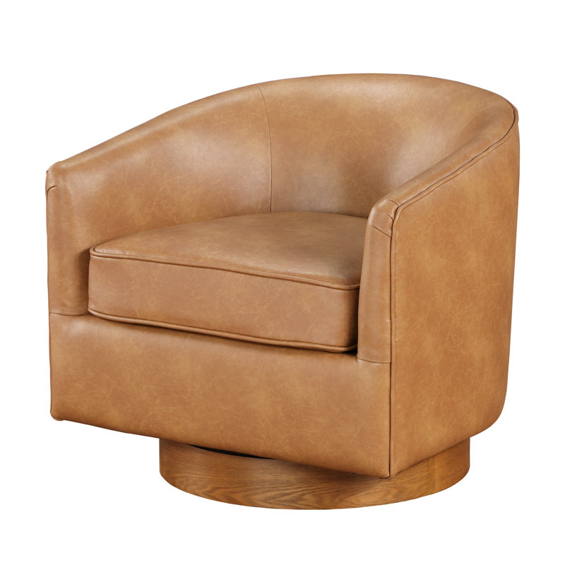 Chaise pivotante de style selle - base en bois, similicuir brun, sans inclinaison ni bascule 29,5 po Cuir et base profondément emballés