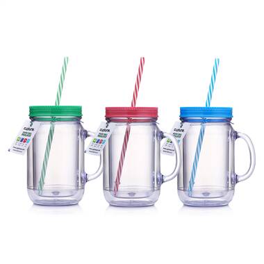 Cupture Double Wall Insulated Plastic Mason Jar Tumbler Mug with Striped Straws - 20 oz, 3 Pack