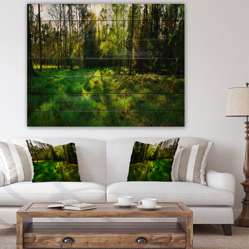 Green Forest Sunset Panorama - impression sur bois sans cadre, H 30 po x l 40 po x P 1 po
