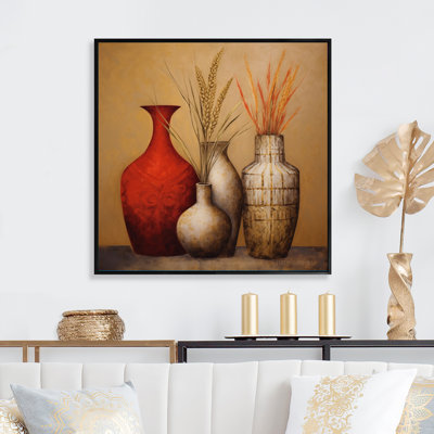 " Still Life Red Gold Vase With Wheat Flowers "