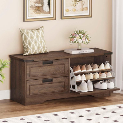 Banc d'entrée avec rangement pour chaussures - Armoire à chaussures en bois avec portes et tiroirs rabattables, noyer foncé