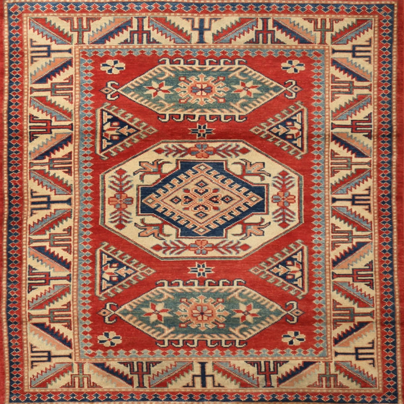 Tapis traditionnel rouge / ivoire, Carré 6 pi