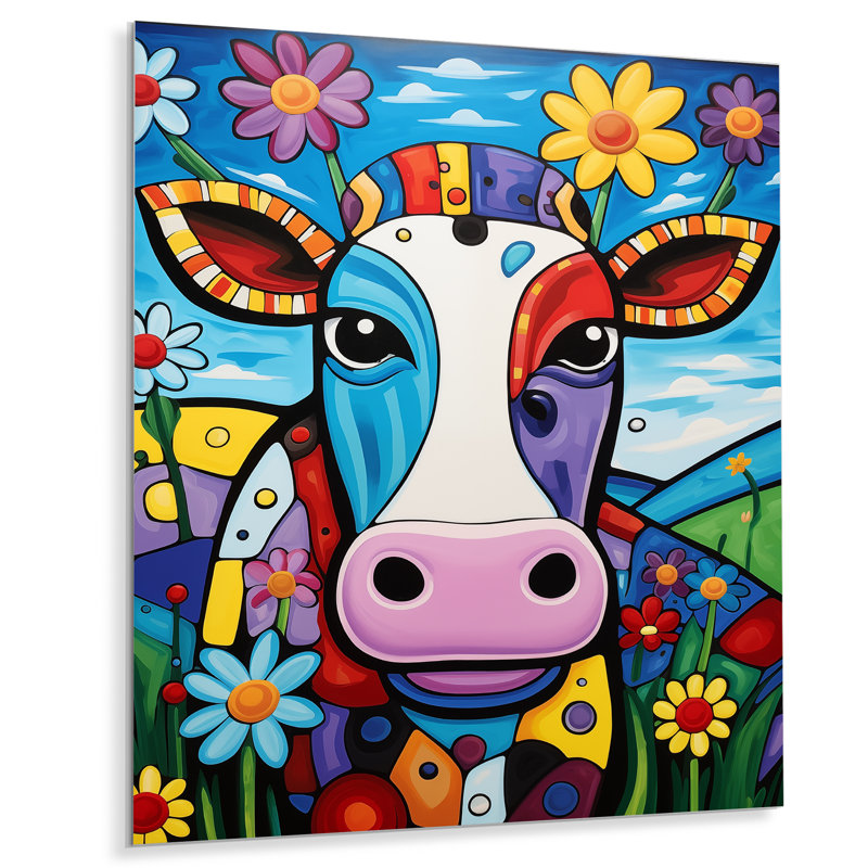 «Pink Green Abstract Cow Landscape III», reproduction d'art mural animal de vache, Cadre flottant noir, H 32 po x l 16 po