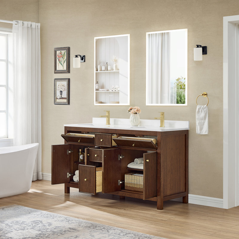 Ensemble de meuble-lavabo double 60 po Pendry, Marbre de culture blanc, Or brossé, Noyer foncé
