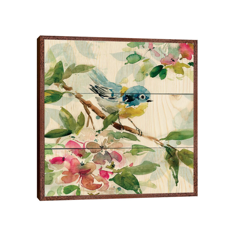Birds And Blossoms I by Carol Robinson - Painting on Canvas, 45.72 cm H x 45.72 cm W, Classic Brown Wood Framed