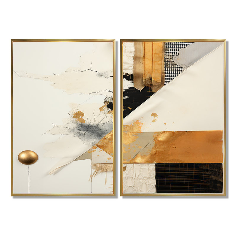 Collage abstrait gris et doré VI - Collages abstraits, 2 pièces, H 36 po x l 48 po, Impression encadrée flottante, Doré