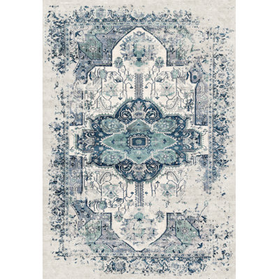 Tapis oriental bleu / vert / gris lavable à la machine