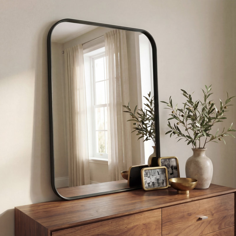 Aleria 24 in. W x 36 in. H Medium Rounded Rectangular Metal Framed Wall Mounted Bathroom Vanity Mirror, Black, Black