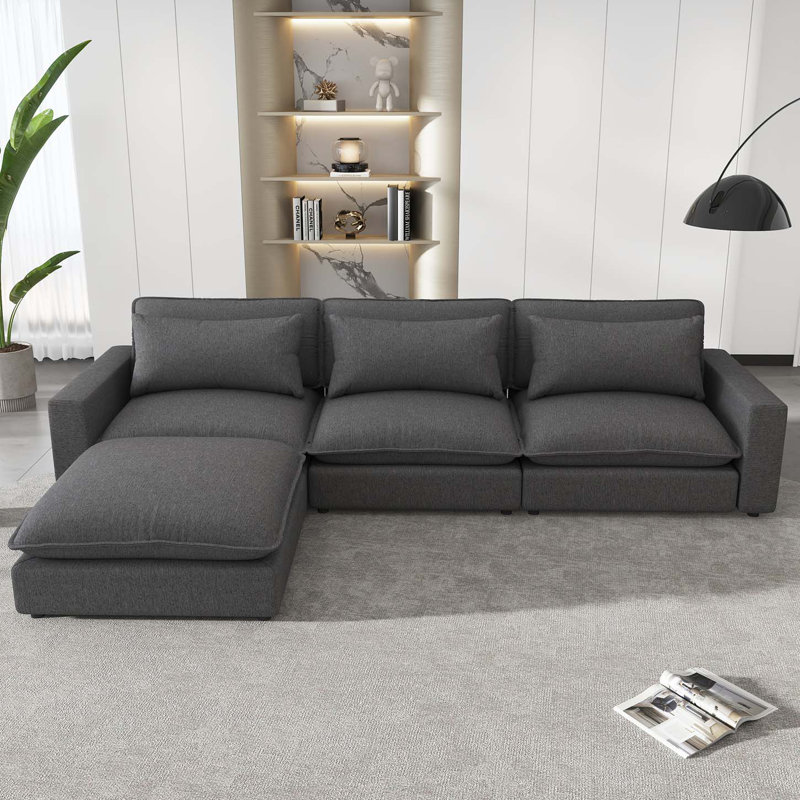 Canapé modulaire avec repose-pieds mobile, ports de charge et 3 coussins de dossier, Gris chenille