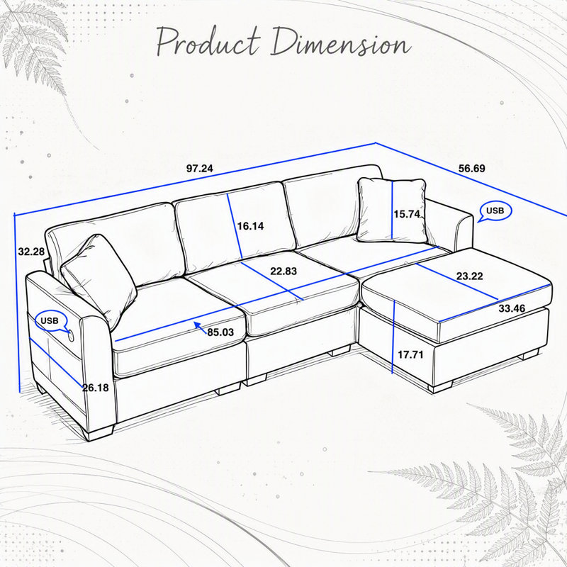 Canapé de rangement moderne en forme de L avec ports USB, poches latérales et banc repose-pieds pour un confort spacieux et une organisation intelligente.