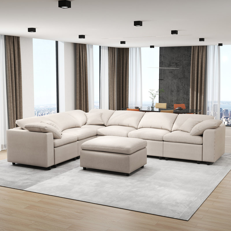 125" 7-Seater Oversized Modular Chenille Sectional Sofa, Reversible L-shape Design With Movable Ottoman, Beige Chenille