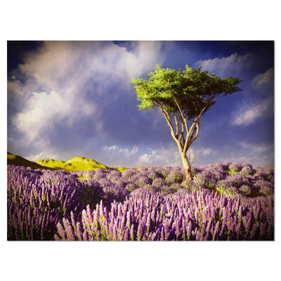 Green Tree in Lavender Field Modern Landscape, reproduction de photo sur toile tendue