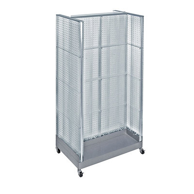 Présentoir de plancher en carton H-Unit sur base à roulettes. Taille du panneau central: l 32 po x H 60 po, taille du panneau latéral: l 16 po x H 60 po