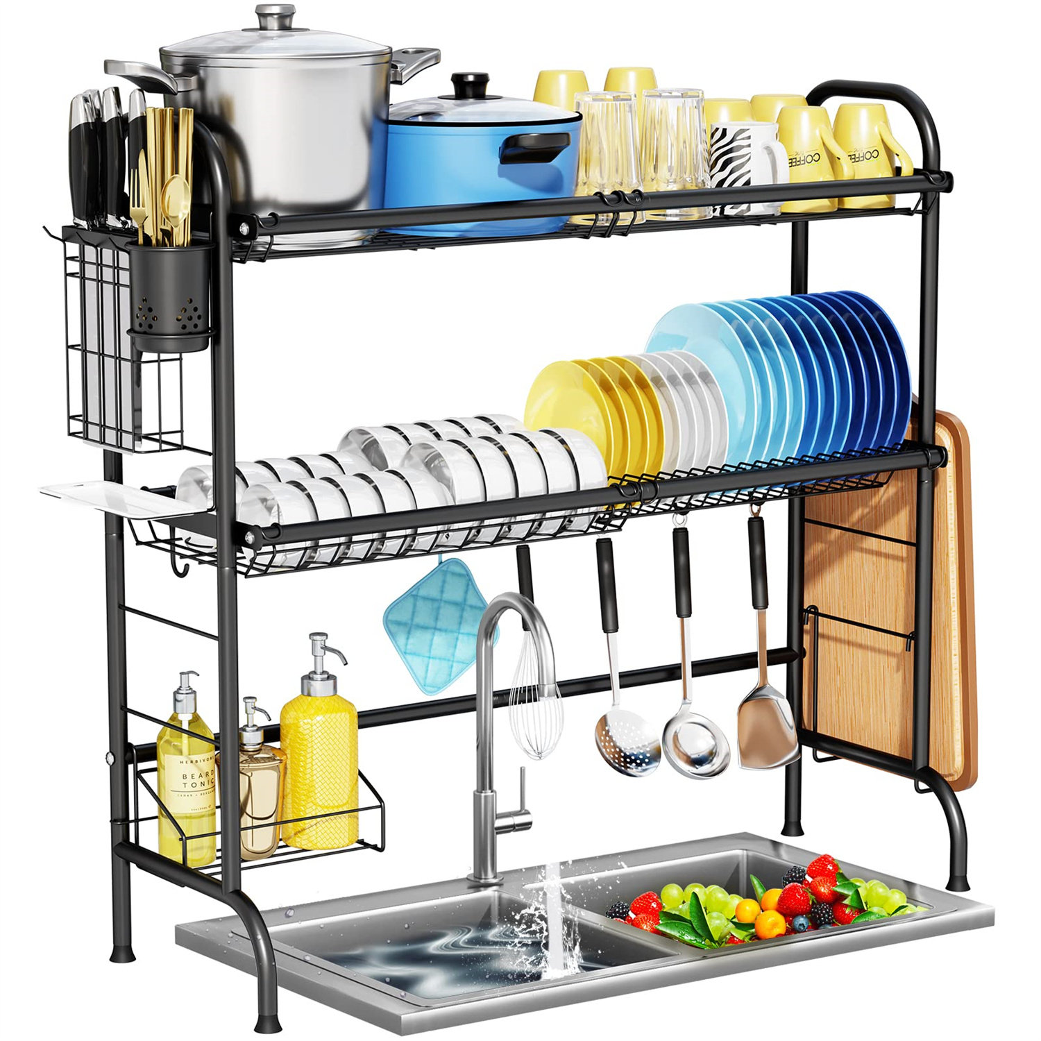 boosiny Large Dish Drying Rack with Drainboard Set, 2 Tier Dish